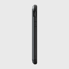 Side view of a black Raptic iPhone 11 Pro Max Case - LUX with ridged edges, made from impact-resistant polycarbonate, featuring a side button and slot.