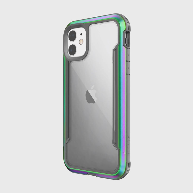 The Raptic SHIELD iPhone 11 Case is a clear protective case with a durable aluminum alloy border in metallic green and purple. It provides robust protection while remaining compatible with wireless charging.