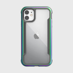 The Raptic iPhone 11 Case - SHIELD features a transparent cover with green and purple accents, dual camera setup support, and wireless charging compatibility for seamless protection and power on the go.