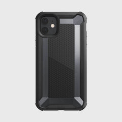 The Raptic iPhone 11 Case - TACTICAL features a rugged black and gray design with a hexagonal pattern and dual camera cutout. Its shock-absorbing rubber exterior meets Military Standard MIL-STD-810G for exceptional durability.