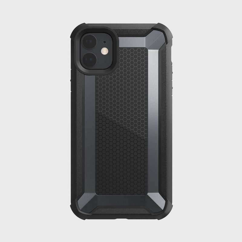 The Raptic iPhone 11 Case - TACTICAL features a rugged black and gray design with a hexagonal pattern and dual camera cutout. Its shock-absorbing rubber exterior meets Military Standard MIL-STD-810G for exceptional durability.