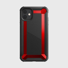 An iPhone 11 enclosed in a Raptic TACTICAL case has a red and black rugged design, featuring a hexagonal back pattern and shock-absorbing rubber exterior that meets Military Standard MIL-STD-810G.