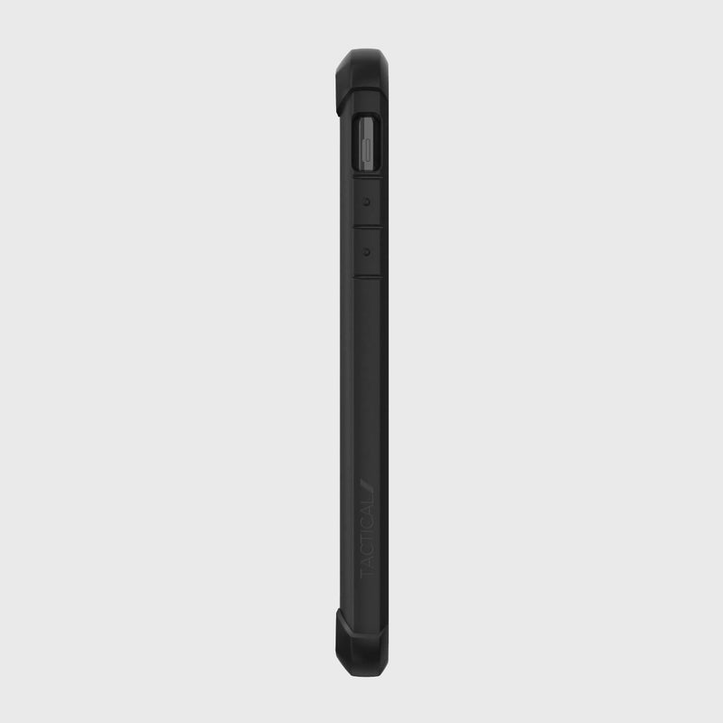 The iPhone 11 Pro Max Case - TACTICAL by Raptic is showcased from the back, highlighting its sleek black design against a clean white background. With a shock-absorbing rubber exterior, this case provides superior protection.