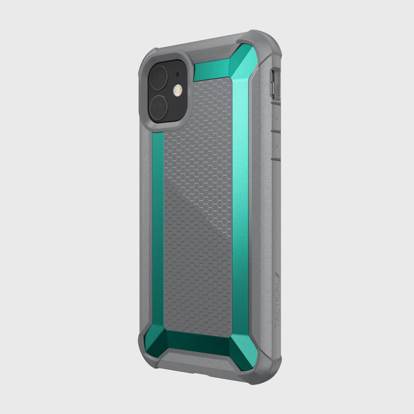 The Raptic iPhone 11 Case - TACTICAL is shown angled to display its military-grade design with a gray and teal geometric pattern. Its shock-absorbing rubber exterior combines durability and style in one sleek package.