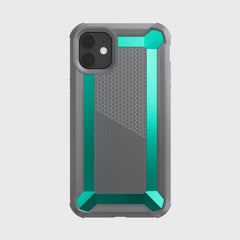 The Raptic iPhone 11 Case - TACTICAL is gray and teal with a hexagonal pattern, designed for dual-camera setups. Its shock-absorbing rubber exterior meets Military Standard MIL-STD-810G for durability and protection.
