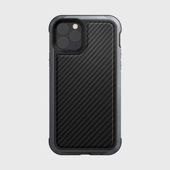 The Raptic LUX black carbon fiber textured case for iPhone 11 Pro Max, designed with impact-resistant polycarbonate and three camera cutouts, is pictured against a plain background.