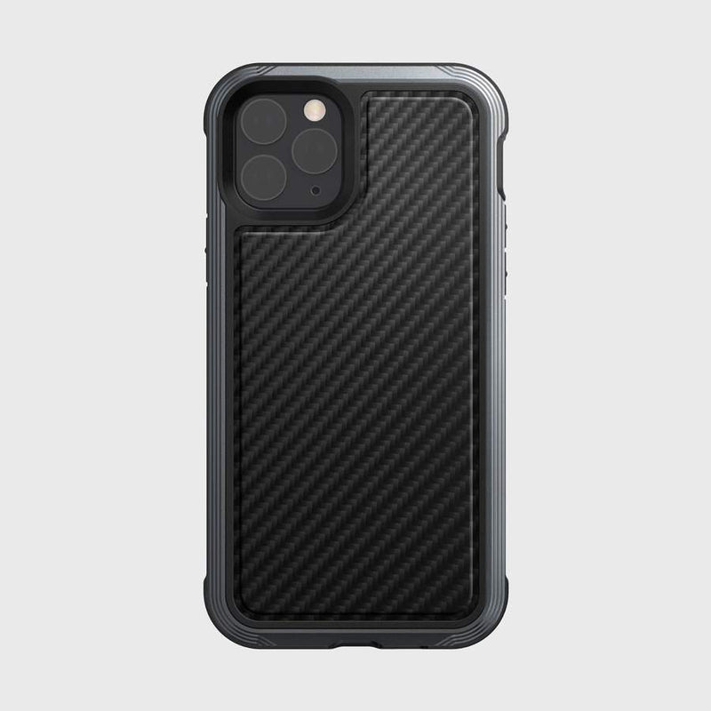 The Raptic LUX black carbon fiber textured case for iPhone 11 Pro Max, designed with impact-resistant polycarbonate and three camera cutouts, is pictured against a plain background.