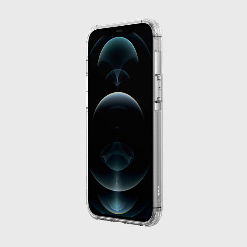 The back of an Raptic iPhone 12 Pro Max Case - CLEAR with drop protection on a white background.