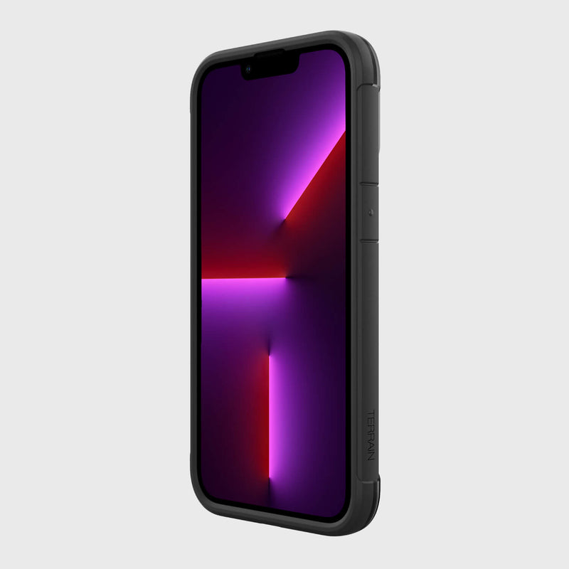 An eco-friendly black iPhone 13 Pro Case - TERRAIN with a purple background.