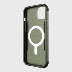 A green Raptic MagSafe iPhone 14 Plus Case with a white circle on it.