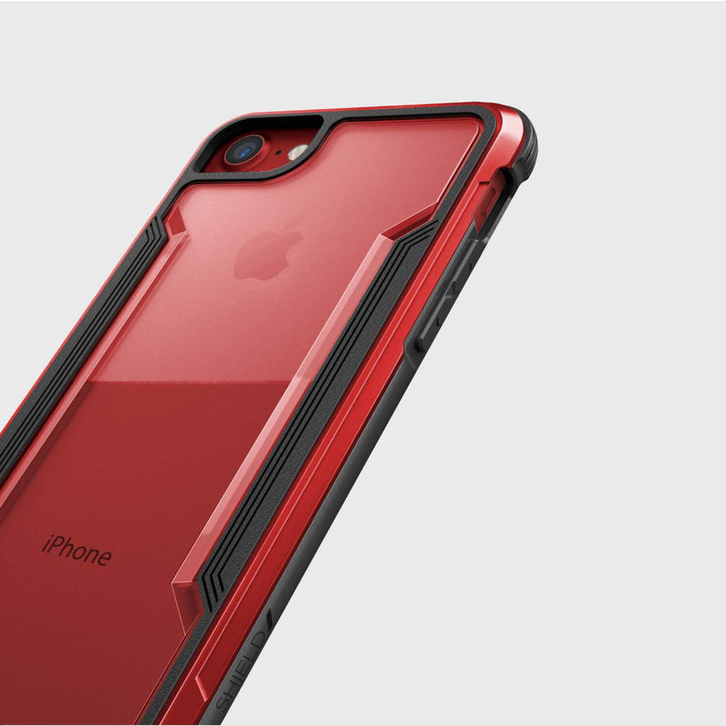 The back of a Raptic iPhone SE/8/7 Case - SHIELD in red and black.