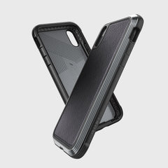 Two rugged smartphone cases overlap on a white background: the Raptic iPhone XR Case - LUX with a textured back and an impact-resistant polycarbonate case for superior durability.