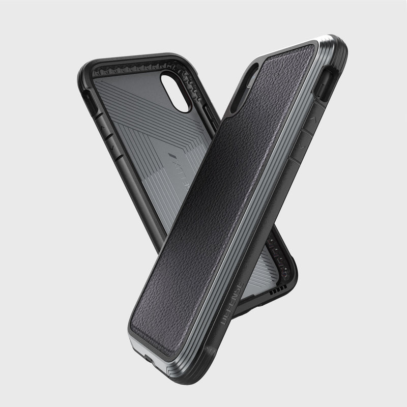 Two rugged smartphone cases overlap on a white background: the Raptic iPhone XR Case - LUX with a textured back and an impact-resistant polycarbonate case for superior durability.