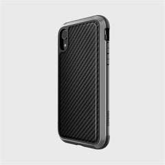The iPhone XR Case - LUX by Raptic is a black smartphone case with an impact-resistant polycarbonate build and textured back. It includes precise camera cutouts and side buttons, set against a plain white background.