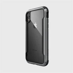 The Raptic iPhone XR Case - SHIELD is a clear cover with a black frame, showcasing the Apple logo and back camera, and offers military-grade drop protection for superior shock absorption.