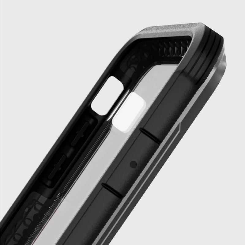 Close-up of Raptic's SHIELD iPhone XR Case in black, showcasing a transparent back, reinforced edges for military-grade drop protection, and precise cutouts for camera and buttons.