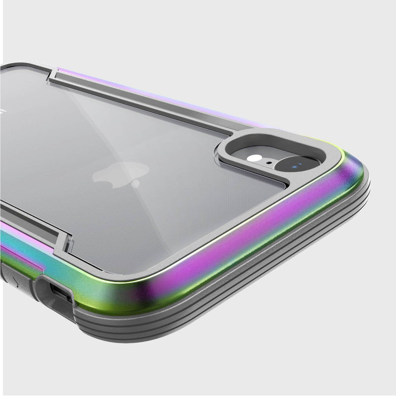 The Raptic iPhone XR Case - SHIELD features an iridescent clear back, reinforced edges, military-grade drop protection, and shock absorption to safeguard your phone while showcasing its dual camera.