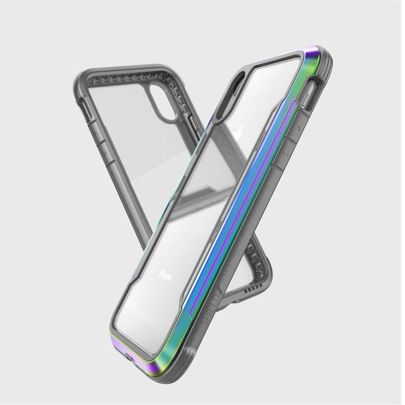 Two Raptic cases with metallic edges and clear backs are displayed back-to-back on a plain background, showcasing sleek aesthetics and military-grade drop protection for reliable shock absorption, including the iPhone XR Case - SHIELD.