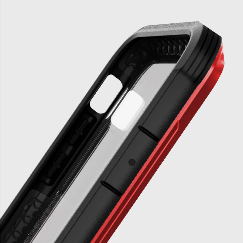 Close-up of the Raptic iPhone XR Case - SHIELD in red and black, showcasing military-grade drop protection, raised edges, precise camera and button cutouts for optimal shock absorption.