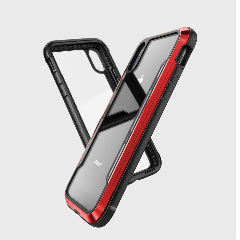 The Raptic iPhone XR Case - SHIELD, in red and black with a clear back, is displayed at different angles highlighting its military-grade drop protection and shock absorption features.