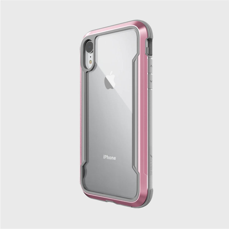 The Raptic iPhone XR Case - SHIELD features a clear and pink design, showcasing the back and side view with precise cutouts for buttons and camera, delivering military-grade drop protection.