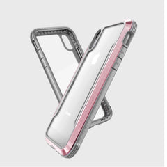 Two pink and gray Raptic iPhone XR SHIELD cases with clear backs are displayed against a white background, showcasing front and back views. They provide military-grade drop protection for excellent shock absorption to safeguard your device.
