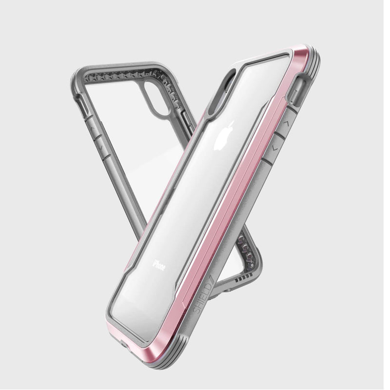 Two pink and gray Raptic iPhone XR SHIELD cases with clear backs are displayed against a white background, showcasing front and back views. They provide military-grade drop protection for excellent shock absorption to safeguard your device.