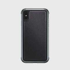 Explore the Raptic LUX iPhone XS Max case, featuring a sleek black design with a textured back and defined edges. Made from impact-resistant polycarbonate, it has a single camera cutout on a light gray background for elegance and durability.