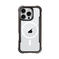 An iPhone 16 enclosed in a Raptic Shield case, available in black and transparent options, featuring a circular design on the back with an Apple logo at its center, ensuring superior drop protection.