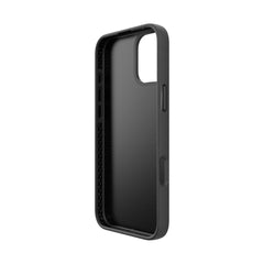 A black iPhone 16 Wallet Kickstand Case - Slim Wallet by Raptic, MagSafe compatible and featuring cutouts for ports, buttons, and the camera, viewed from an angle.