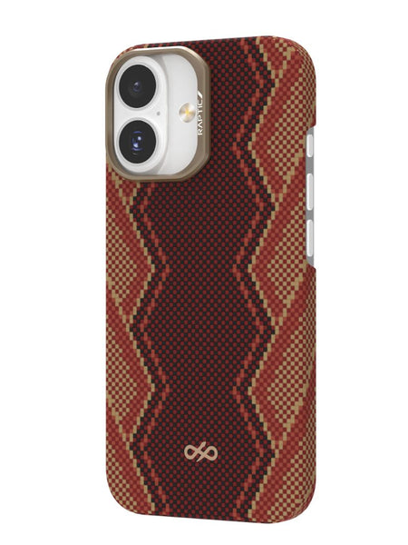 An iPhone 17 with a dual-lens camera is displayed in the Raptic Skin-Origin aramid fibre case, featuring a brown and red zigzag pattern, MagSafe compatibility, and a small infinity symbol near the bottom.