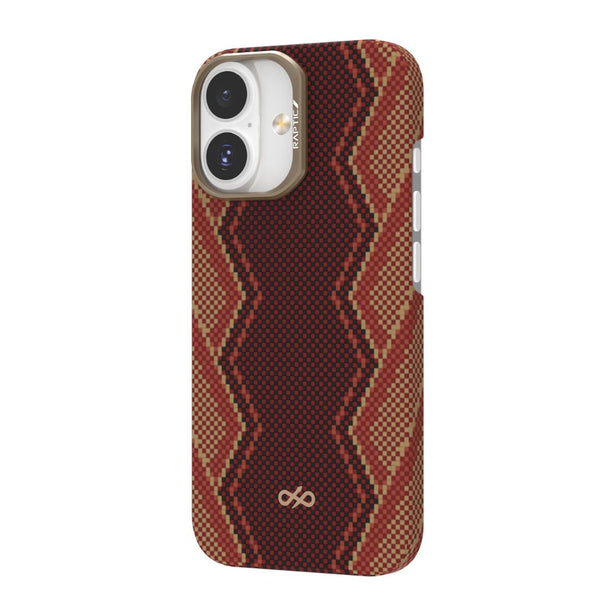 An iPhone 17 with a dual-lens camera is displayed in the Raptic Skin-Origin aramid fibre case, featuring a brown and red zigzag pattern, MagSafe compatibility, and a small infinity symbol near the bottom.