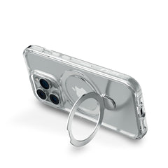 The Raptic iPhone 16 Clear Kickstand Case - Air Stand features MagSafe compatibility and includes a silver ring kickstand, highlighting the smartphone's back, camera lenses, and brand logo.