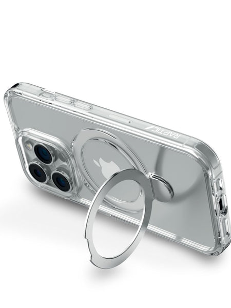 The Raptic iPhone 16 Clear Kickstand Case - Air Stand features MagSafe compatibility and includes a silver ring kickstand, highlighting the smartphone's back, camera lenses, and brand logo.