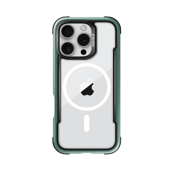 The Raptic iPhone 16 Series Case - Shield is a clear iPhone case with a black border and green accents, featuring the Apple logo and a camera cutout design. It supports wireless charging and provides 3-metre drop protection.