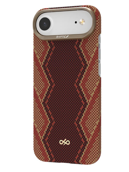 The Raptic Skin-Origin iPhone 17 Aramid Fibre Case in a brown pattern features MagSafe compatibility, a gold logo, and a raised camera ring for ultra-light, military-grade protection, shown on a white background.