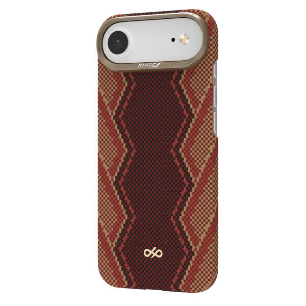 The Raptic Skin-Origin iPhone 17 Aramid Fibre Case in a brown pattern features MagSafe compatibility, a gold logo, and a raised camera ring for ultra-light, military-grade protection, shown on a white background.