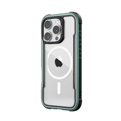 Raptic's iPhone 16 Series Case - Shield showcases a clear protective design that highlights the smartphone's three camera lenses and visible Apple logo on the back. The case includes green edging, black accents around the camera, and supports wireless charging.