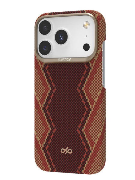 The Raptic Skin-Origin iPhone 17 Aramid Fibre Case features a brown and red pattern, ultra-light military-grade protection, three rear cameras cutout, and the Raptic brand name near the camera area.