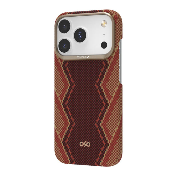 The Raptic Skin-Origin iPhone 17 Aramid Fibre Case features a brown and red pattern, ultra-light military-grade protection, three rear cameras cutout, and the Raptic brand name near the camera area.
