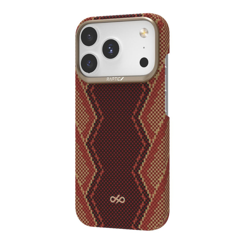 The Raptic Skin-Origin iPhone 17 Aramid Fibre Case features a brown and red pattern, ultra-light military-grade protection, three rear cameras cutout, and the Raptic brand name near the camera area.