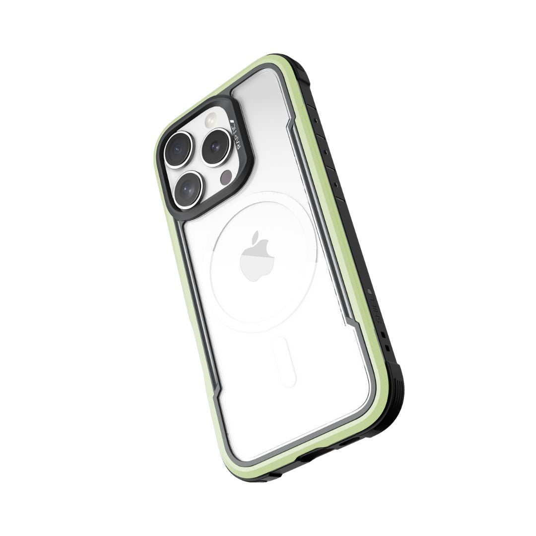 iPhone with a green and black Raptic protective case, featuring a transparent back and three camera lenses. This iPhone 16 Series Case - Shield is wireless charging compatible and offers 3-metre drop protection.