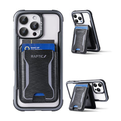 The Raptic Air Wallet by Raptic is an iPhone magnetic wallet case with a built-in card holder, shown displaying a credit card from multiple angles to showcase its design and functionality.