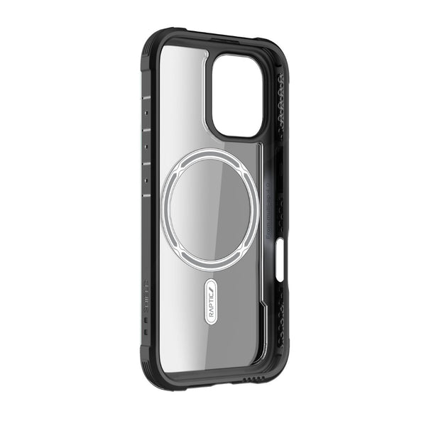 Introducing the Raptic iPhone 16 Series Case - Shield: a transparent MagSafe case with black edges, featuring a circular MagSafe ring and a central logo. It is wireless charging compatible and offers 3-metre drop protection.