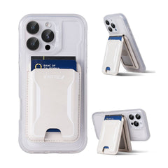 The Raptic Air Wallet is a MagSafe iPhone magnetic wallet and clear case with a white cardholder for your bank card; it also serves as a kickstand in two side views.