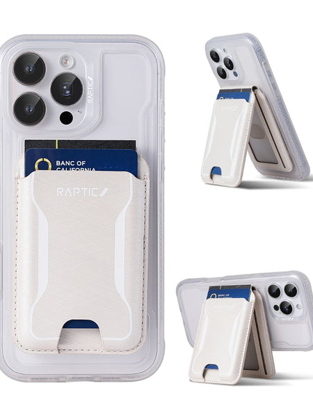 The Raptic Air Wallet is a MagSafe iPhone magnetic wallet and clear case with a white cardholder for your bank card; it also serves as a kickstand in two side views.