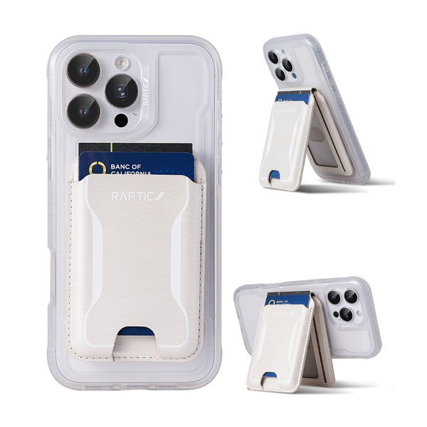 The Raptic Air Wallet is a MagSafe iPhone magnetic wallet and clear case with a white cardholder for your bank card; it also serves as a kickstand in two side views.