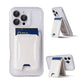 The Raptic Air Wallet is a MagSafe iPhone magnetic wallet and clear case with a white cardholder for your bank card; it also serves as a kickstand in two side views.