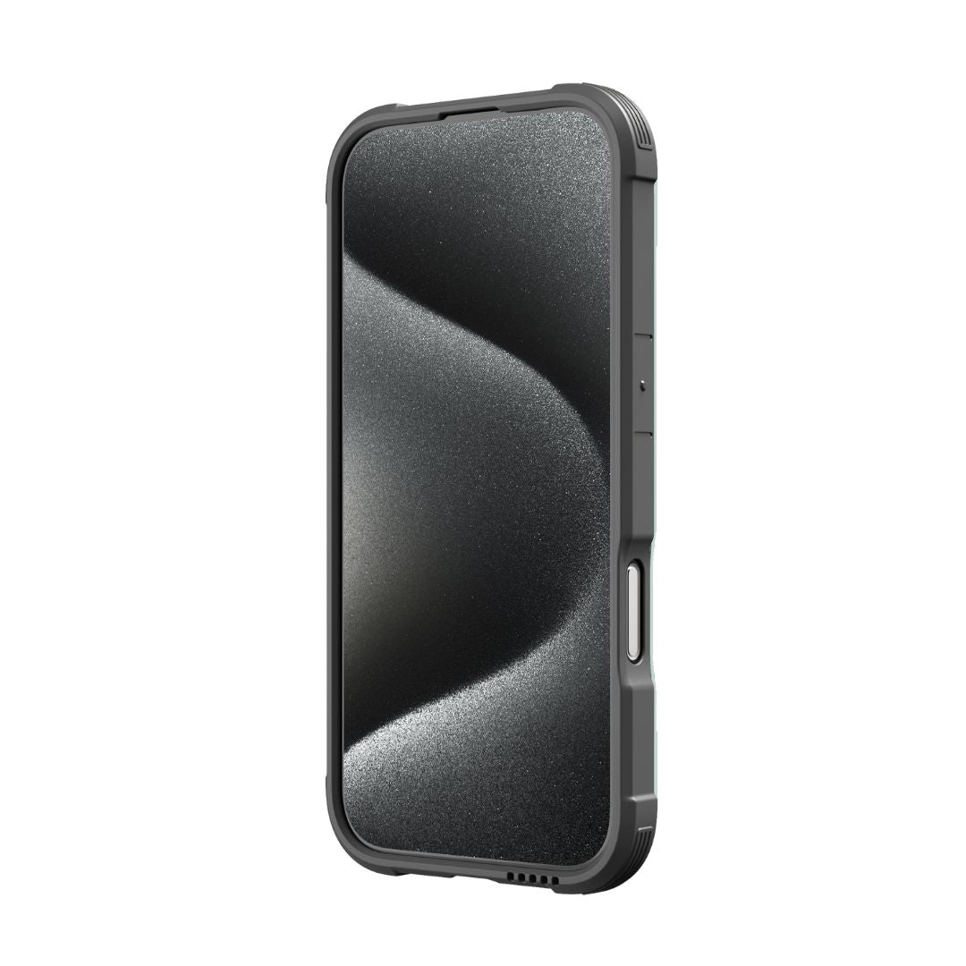 A smartphone equipped with the Raptic iPhone 16 Series Case - Shield, showcasing a rugged, dark-colored design and a textured black and silver wallpaper on the screen, meets MIL-STD-810G Standards for 3-metre drop protection.