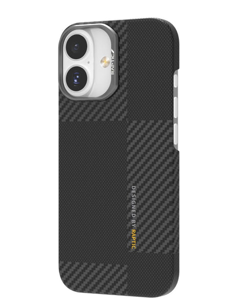 Raptic iPhone 17 Series Aramid Geotik Case features a black textured aerospace-grade aramid fibre with a plaid carbon fiber pattern, MagSafe-optimized; text reads “DESIGNED BY PITAKA.”.